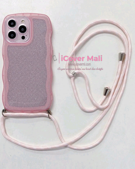 Coque rose brillante argentée avec lanière