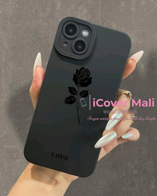 Coque noire à motif floral avec lanière