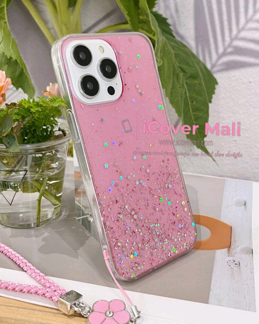 Coque rose à paillettes avec lanière