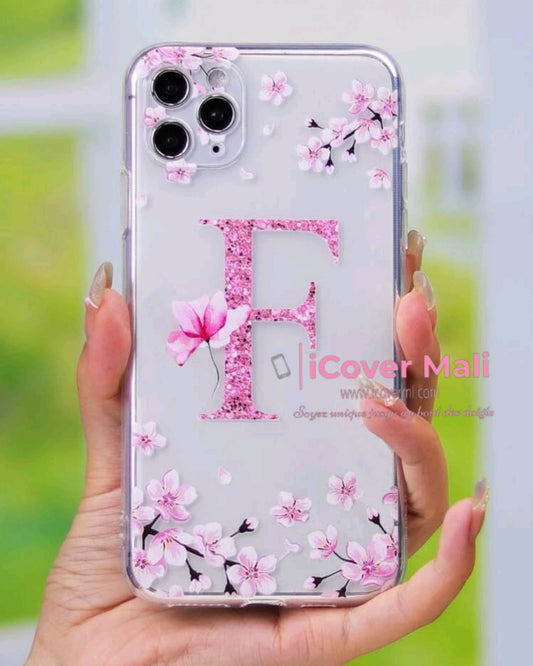 Coque transparente à motif floral, lettre F