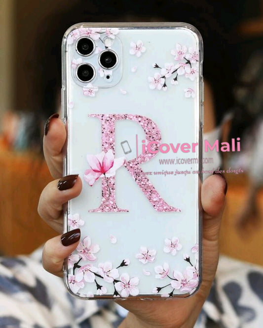 Coque transparente à motif floral, lettre R