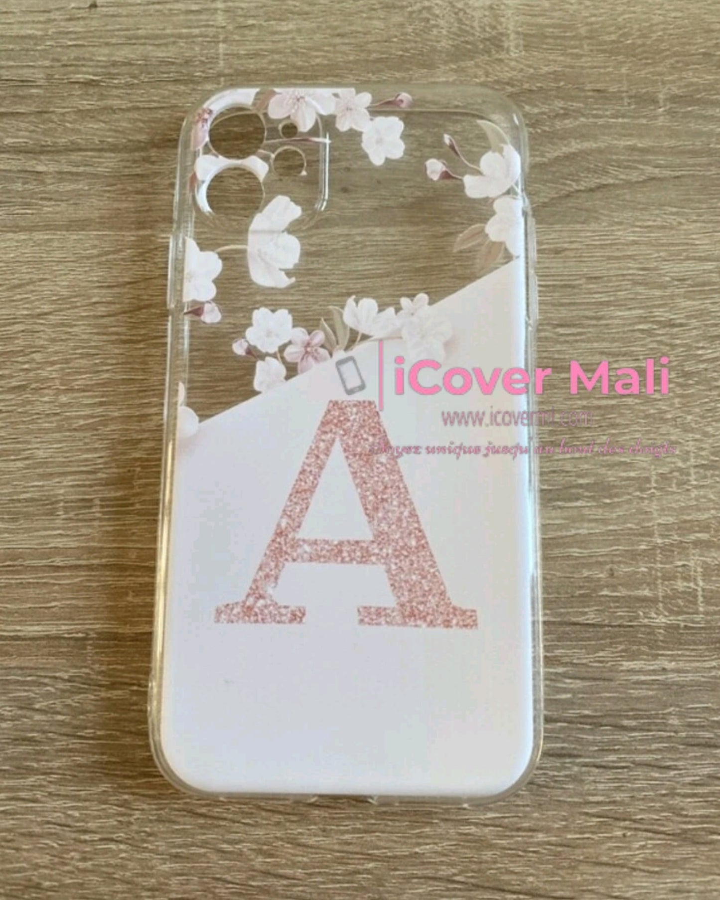 Coque transparente à motif floral, lettre A