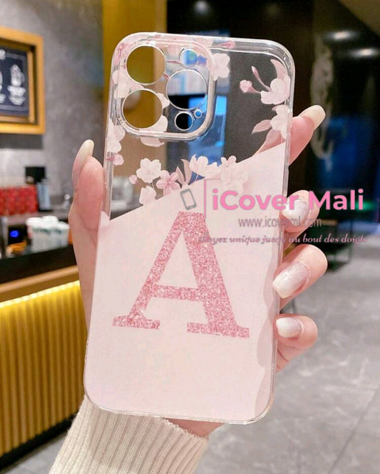 Coque transparente à motif floral, lettre A