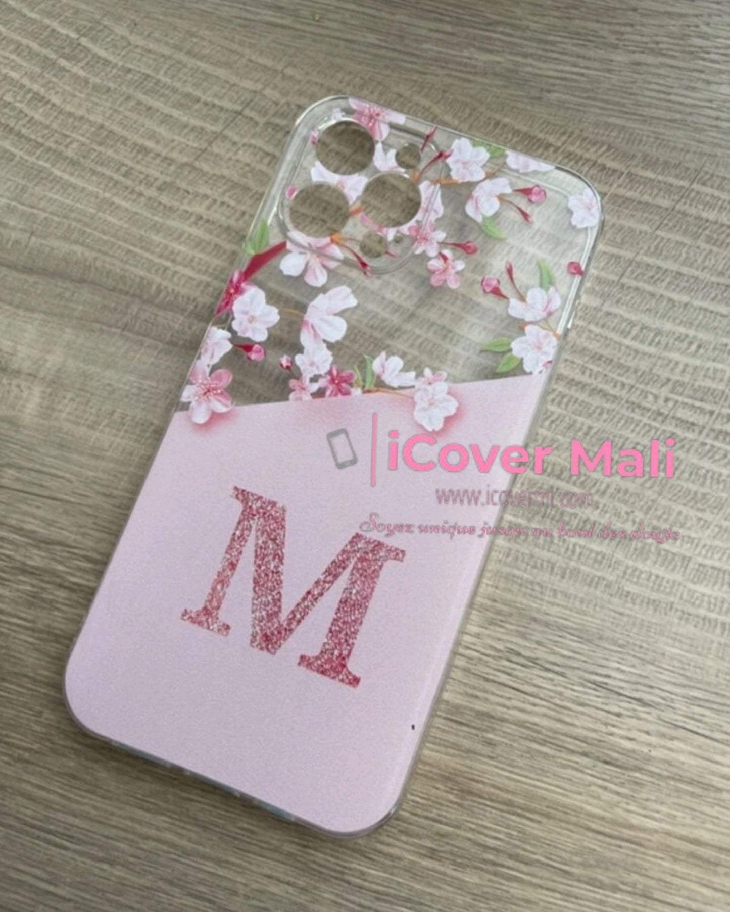 Coque transparente à motif floral, lettre M